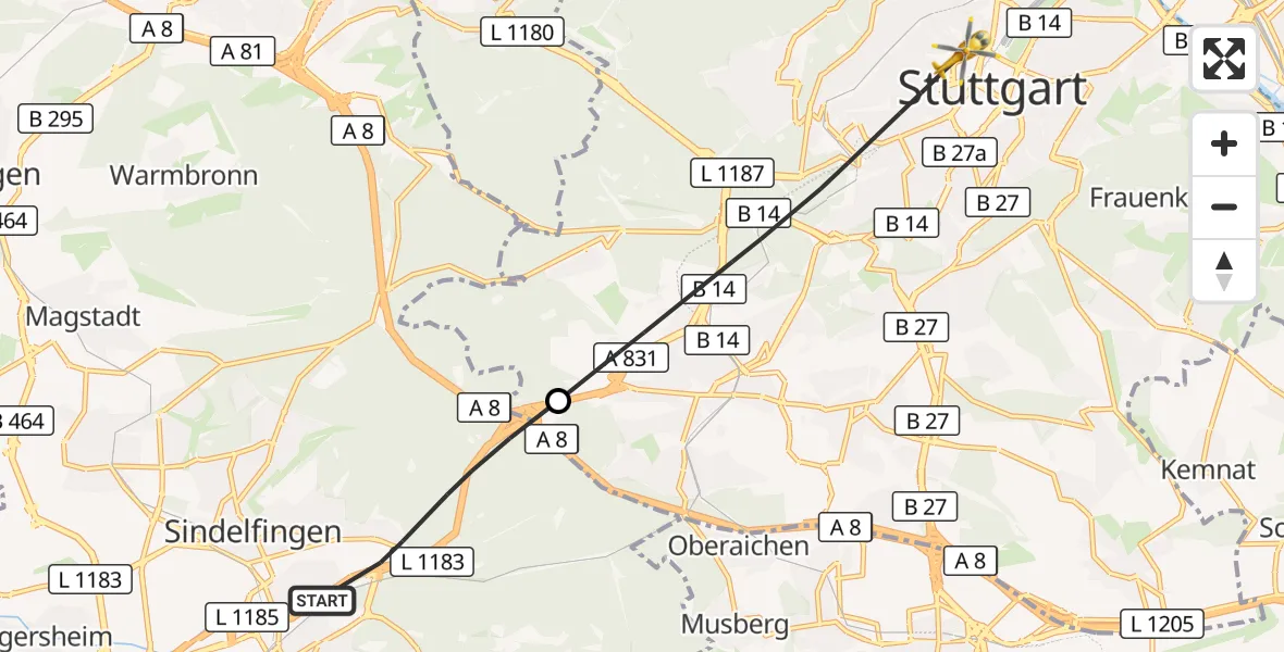 Flugroute Rettungshubschrauber Sindelfingen - Stuttgart, 27 Oktober 2026, 09:46
