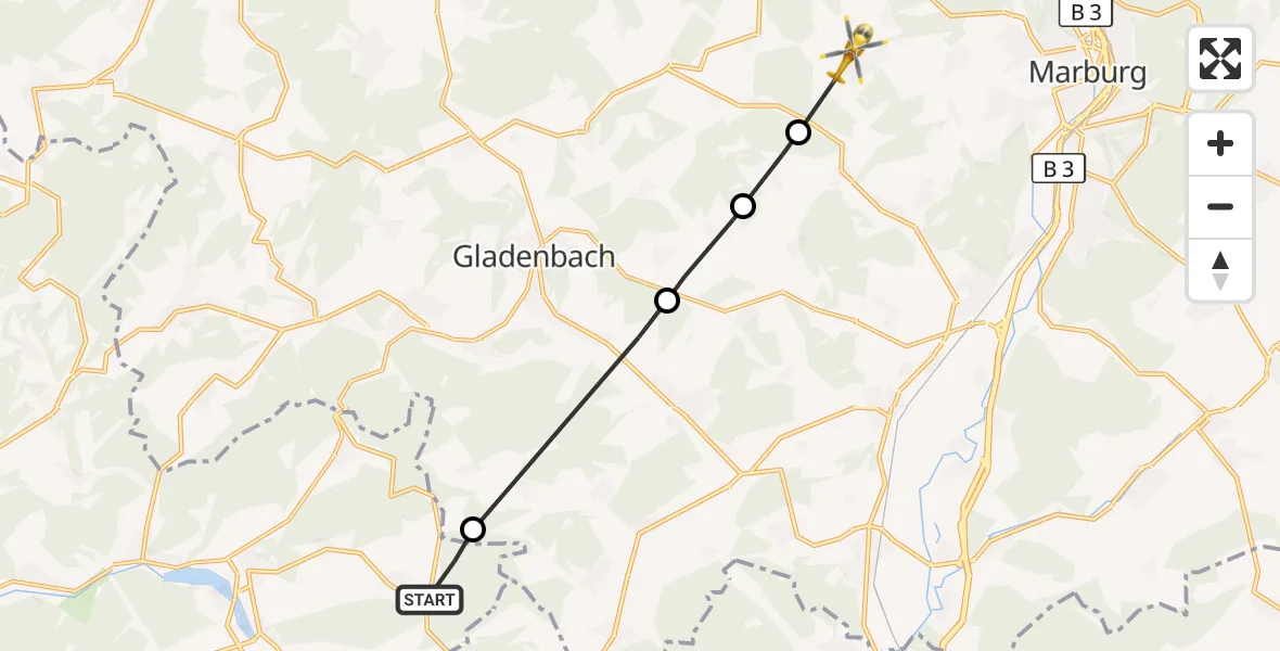 Flugroute Ambulanzhubschrauber Bischoffen - Marburg, 27 Oktober 2026, 09:52