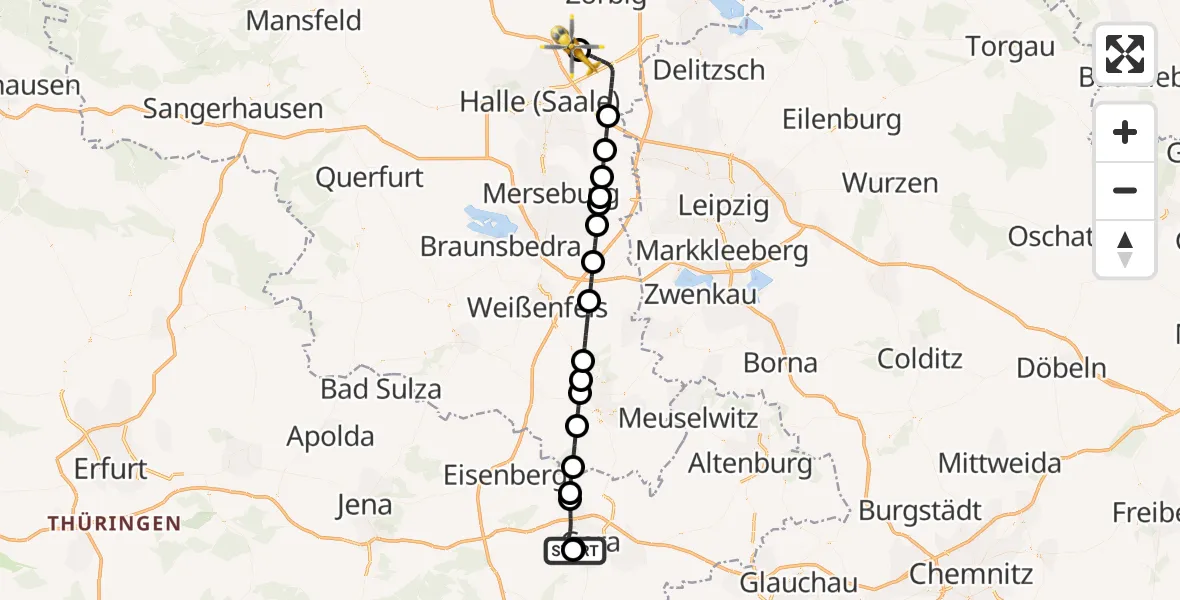 Flugroute Rettungshubschrauber SRH Wald-Klinikum Gera Hospital - Halle-Oppin Flugplatz, 27 Oktober 2026, 09:53