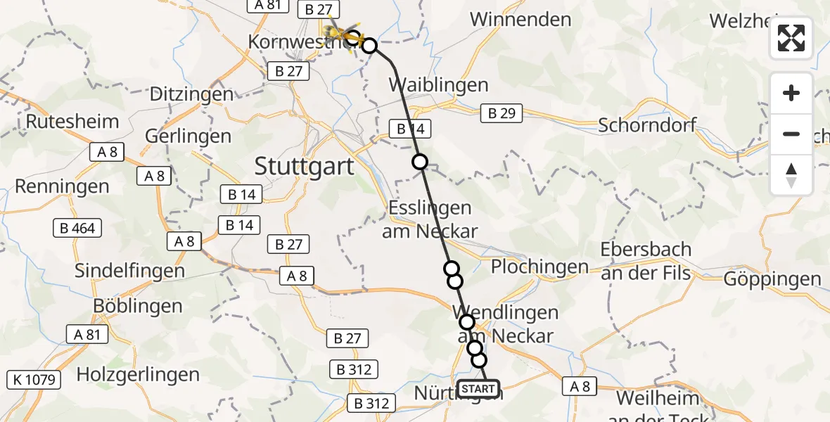 Flugroute Rettungshubschrauber Nürtingen - Pattonville Flugplatz, 27 Oktober 2026, 09:56