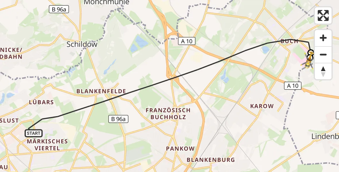 Flugroute Rettungshubschrauber Berlin - Helios Clinic Berlin-Buch, 27 Oktober 2026, 09:56