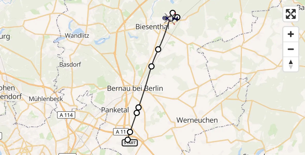 Flugroute Polizeihubschrauber Ahrensfelde Hubschrauberlandeplatz - Biesenthal, 27 Oktober 2026, 09:58