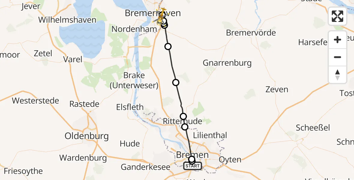 Flugroute Rettungshubschrauber Bremen - Bremerhaven, 27 Oktober 2026, 09:59