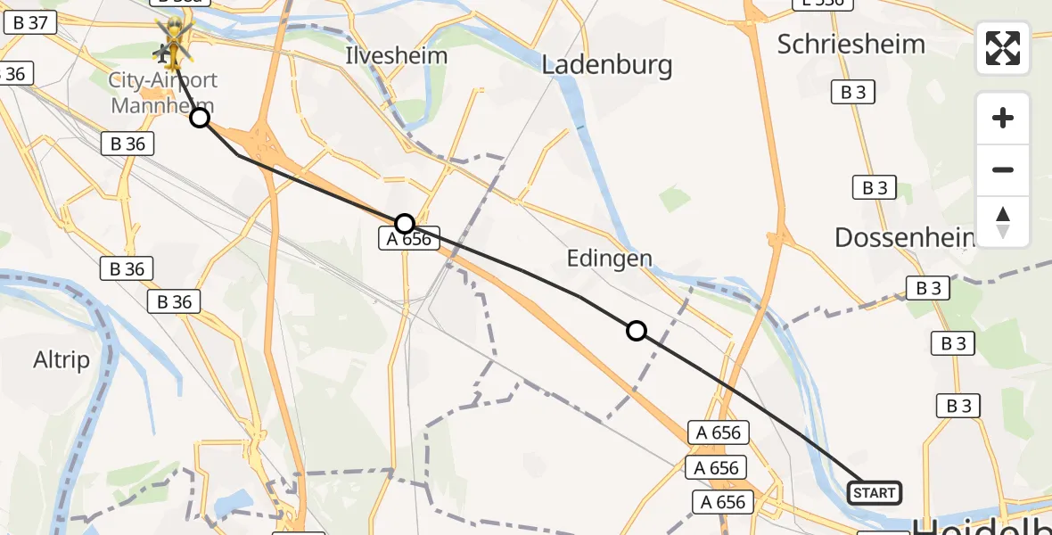 Flugroute Rettungshubschrauber Heidelberg - Mannheim-City Flughafen, 27 Oktober 2026, 10:04