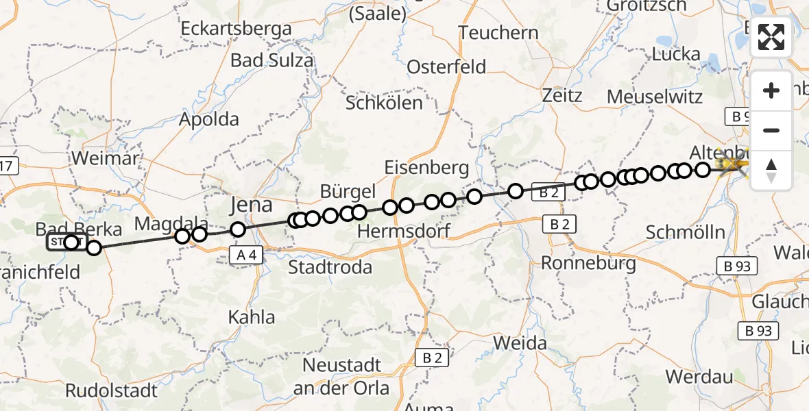 Flugroute Rettungshubschrauber Bad Berka Central Hospital - Altenburg, 27 Oktober 2026, 10:06