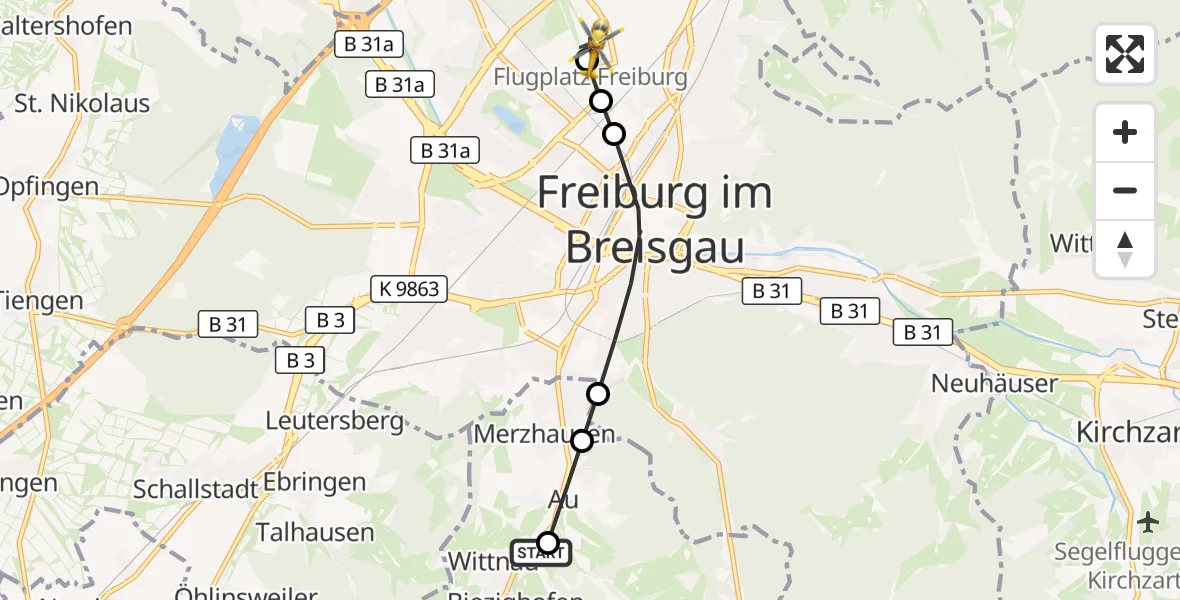 Flugroute Ambulanzhubschrauber Wittnau - Freiburg im Breisgau Flugplatz, 27 Oktober 2026, 10:12