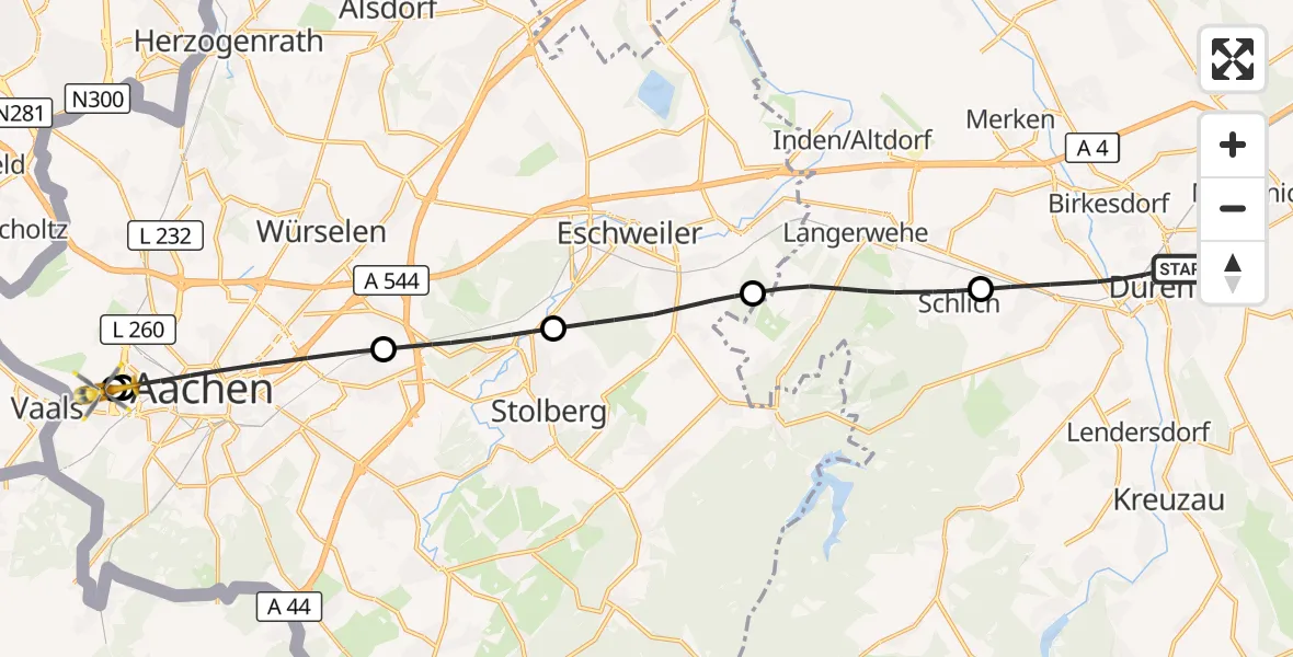 Flugroute Rettungshubschrauber Düren - Aachen Hospital, 27 Oktober 2026, 10:15