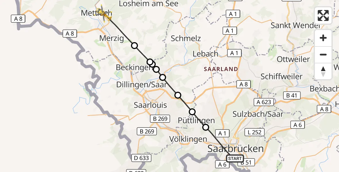 Flugroute Rettungshubschrauber Saarbrücken - Mettlach, 27 Oktober 2026, 10:18