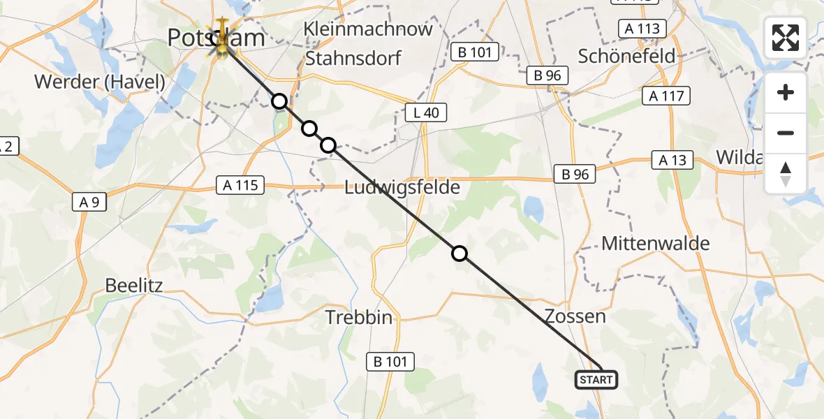 Flugroute Rettungshubschrauber Zossen - Ernst von Bergmann Clinic Hubschrauberlandeplatz, 27 Oktober 2026, 10:21