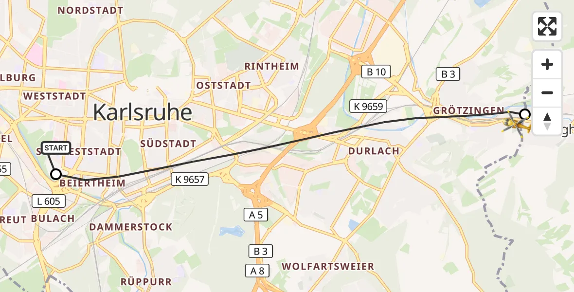 Flugroute Ambulanzhubschrauber Sankt Vincentius Hospital - Karlsruhe, 27 Oktober 2026, 10:25