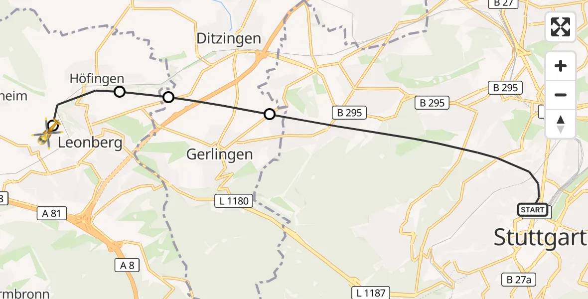 Flugroute Rettungshubschrauber Stuttgart - Leonberg Hospital, 27 Oktober 2026, 10:33