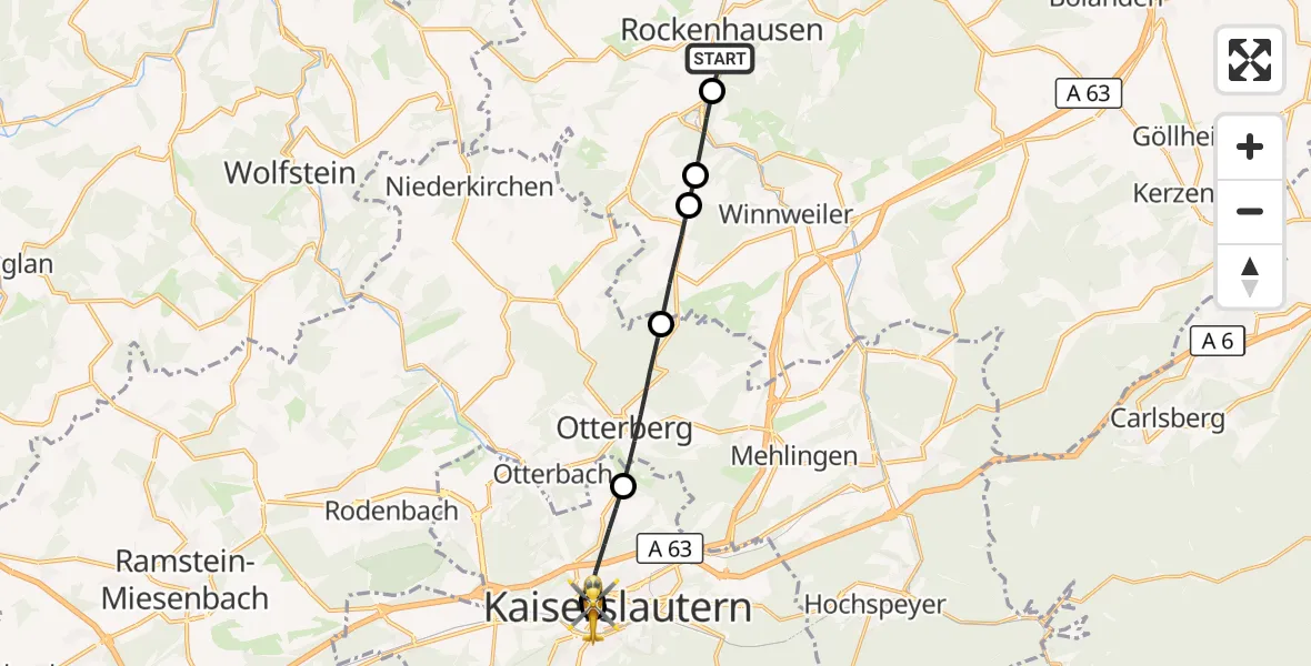 Flugroute Rettungshubschrauber Rockenhausen - Westpfalz Hospital Kaiserslautern, 27 Oktober 2026, 10:33