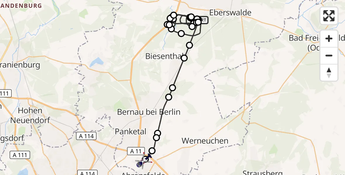 Flugroute Polizeihubschrauber Eberswalde - Ahrensfelde Hubschrauberlandeplatz, 27 Oktober 2026, 10:43