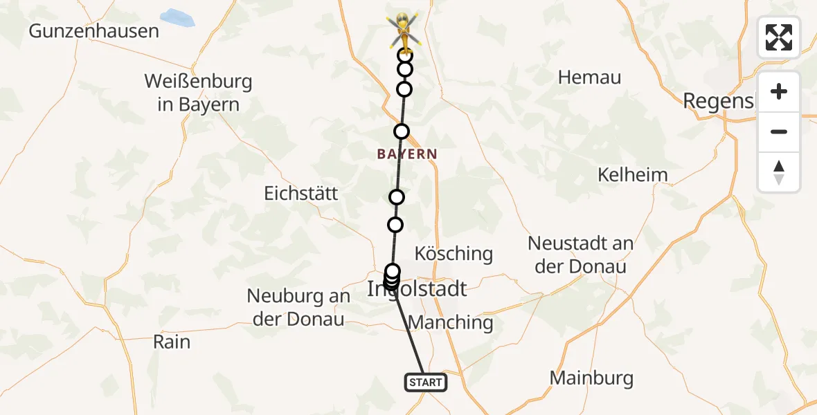 Flugroute Rettungshubschrauber Reichertshofen - Berching, 27 Oktober 2026, 10:50