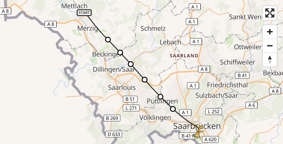 Flugroute Rettungshubschrauber Merzig - Saarbrücken, 27 Oktober 2026, 10:50