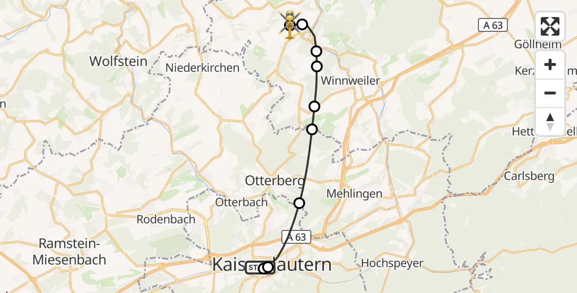 Flugroute Rettungshubschrauber Westpfalz Hospital Kaiserslautern - Rockenhausen, 27 Oktober 2026, 11:04