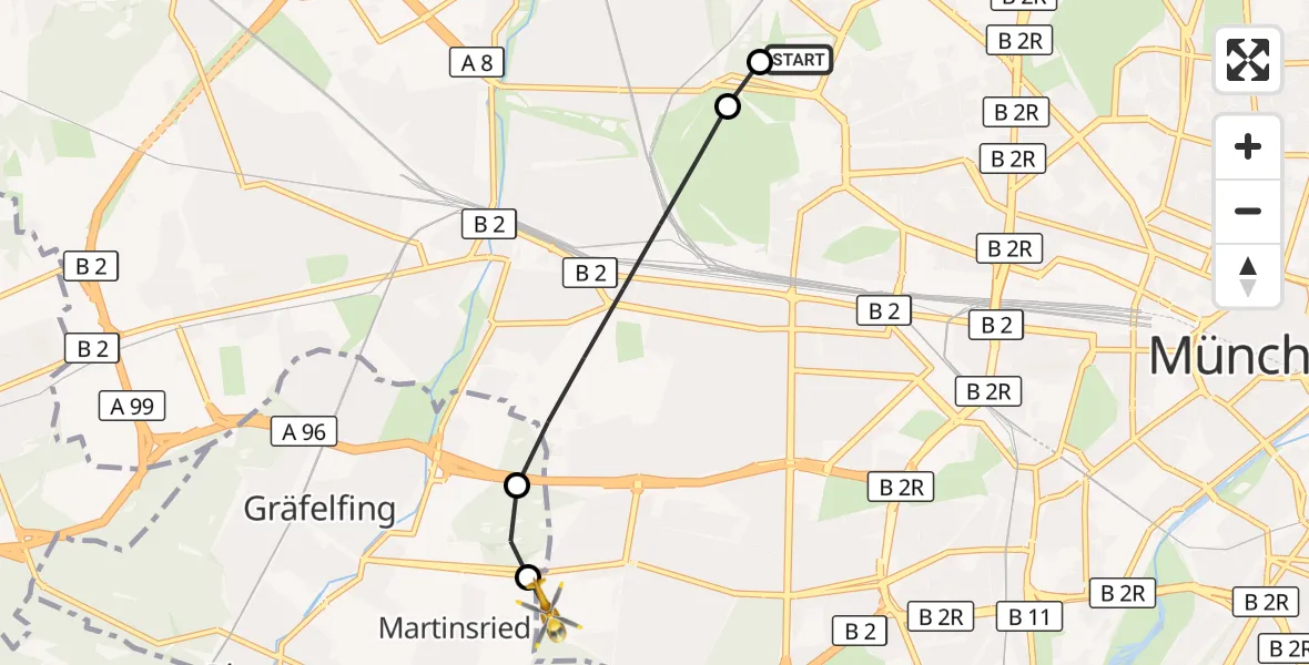 Flugroute Rettungshubschrauber Dritter Orden University Hospital - DRF Air Rescue München Hubschrauberlandeplatz, 27 Oktober 2026, 11:05