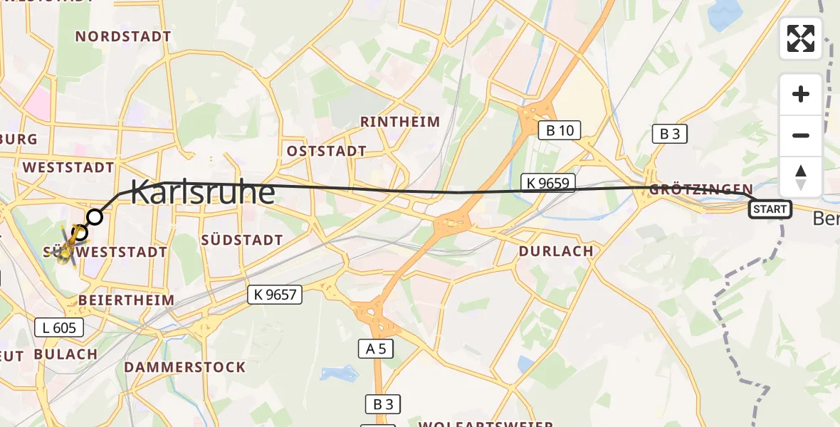 Flugroute Ambulanzhubschrauber Karlsruhe - Sankt Vincentius Hospital, 27 Oktober 2026, 11:08