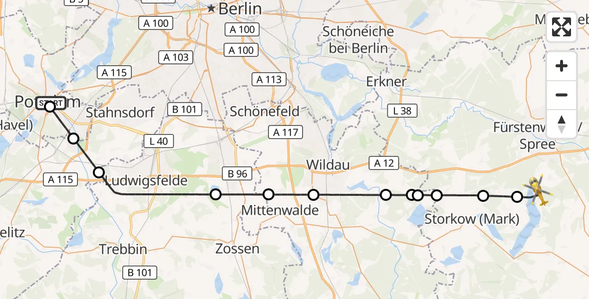 Flugroute Rettungshubschrauber Ernst von Bergmann Clinic Hubschrauberlandeplatz - Bad Saarow, 27 Oktober 2026, 11:14