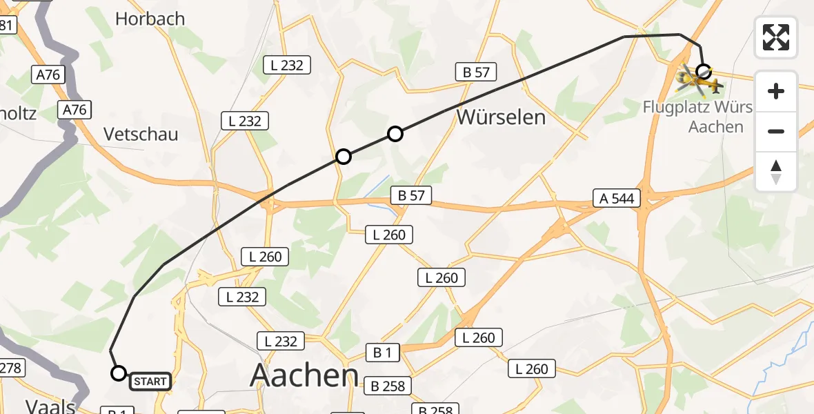 Flugroute Rettungshubschrauber Aachen Hospital - Aachen-Merzbrück Flughafen, 27 Oktober 2026, 11:15