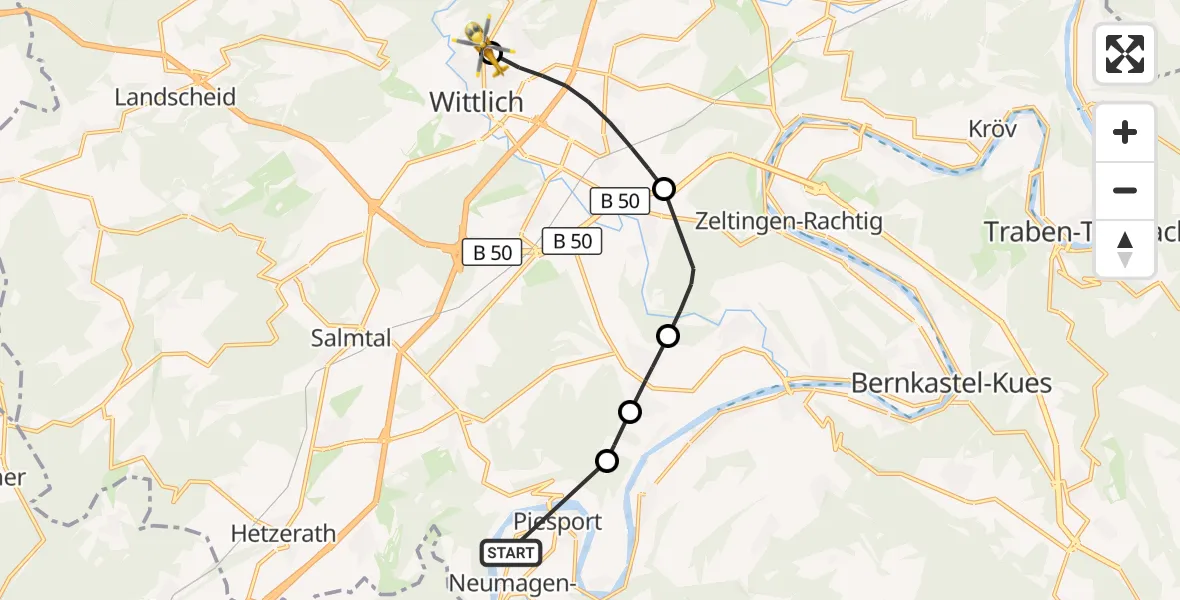 Flugroute Rettungshubschrauber Piesport - Bernkastel/Wittlich Compound Hospital Heliport (Christoph 10), 27 Oktober 2026, 11:21