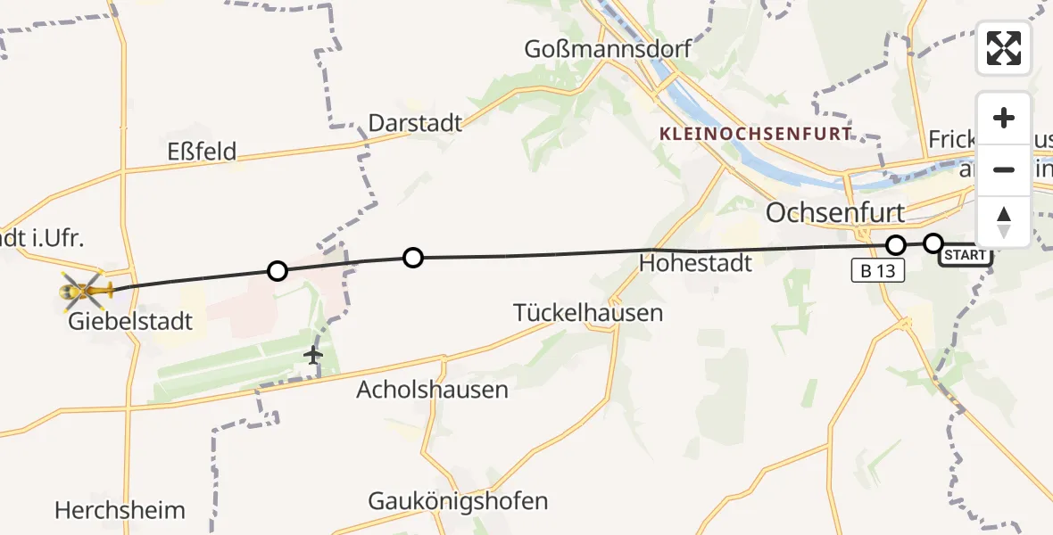 Flugroute Rettungshubschrauber Ochsenfurt Hospital - Giebelstadt, 27 Oktober 2026, 11:22
