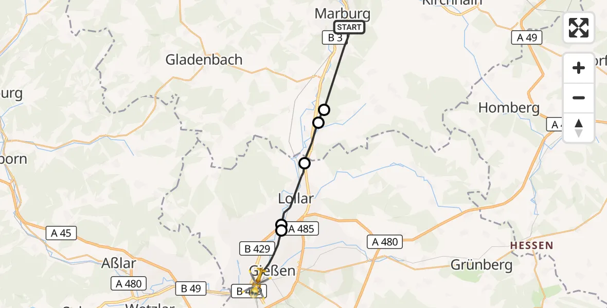 Flugroute Ambulanzhubschrauber Marburg - Gießen, 27 Oktober 2026, 11:23