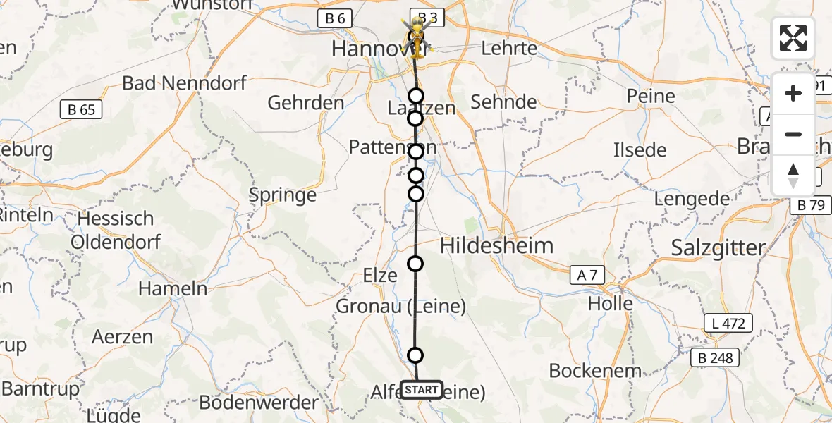 Flugroute Rettungshubschrauber Alfeld (Leine) - Hannover Luftrettung Hubschrauberlandeplatz (Christoph 4), 27 Oktober 2026, 11:24