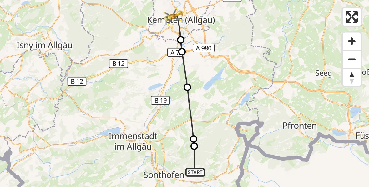 Flugroute Rettungshubschrauber Bad Hindelang - Kempten (Allgäu), 27 Oktober 2026, 11:26