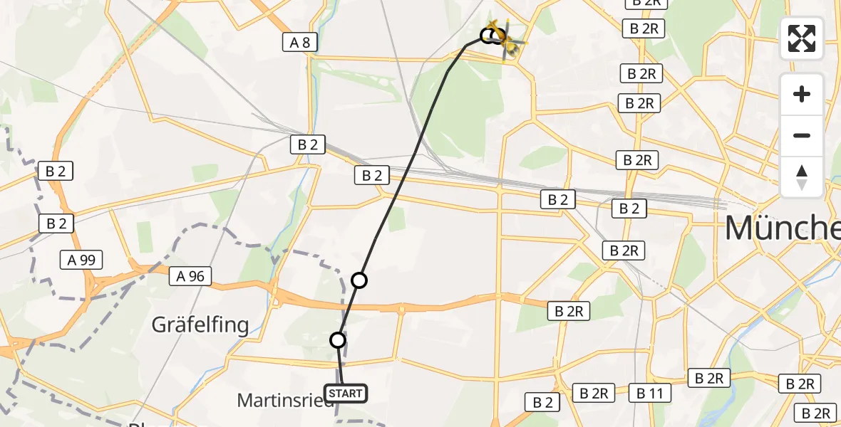 Flugroute Rettungshubschrauber DRF Air Rescue München Hubschrauberlandeplatz - Dritter Orden University Hospital, 27 Oktober 2026, 11:36