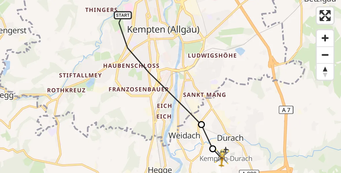 Flugroute Rettungshubschrauber Kempten (Allgäu) - Kempten-Durach Flugplatz, 27 Oktober 2026, 11:37