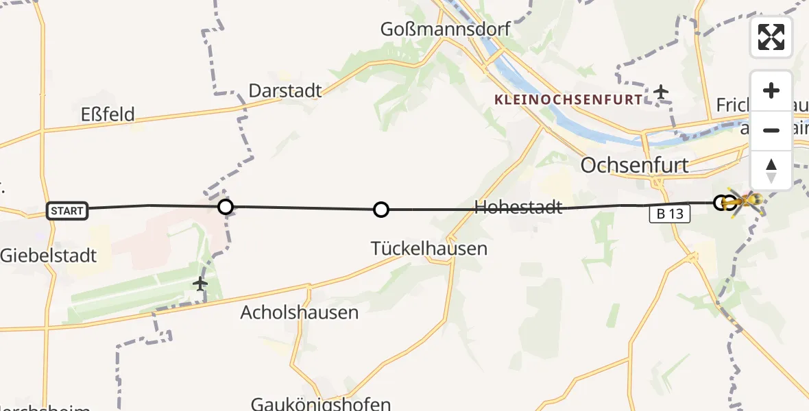 Flugroute Rettungshubschrauber Giebelstadt - Ochsenfurt Hospital, 27 Oktober 2026, 11:49