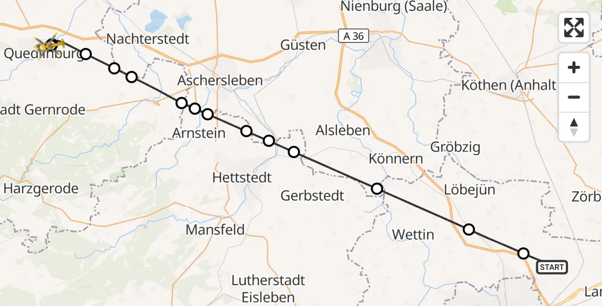 Flugroute Rettungshubschrauber Landsberg - Harz Hospital Quedlinburg, 27 Oktober 2026, 11:52