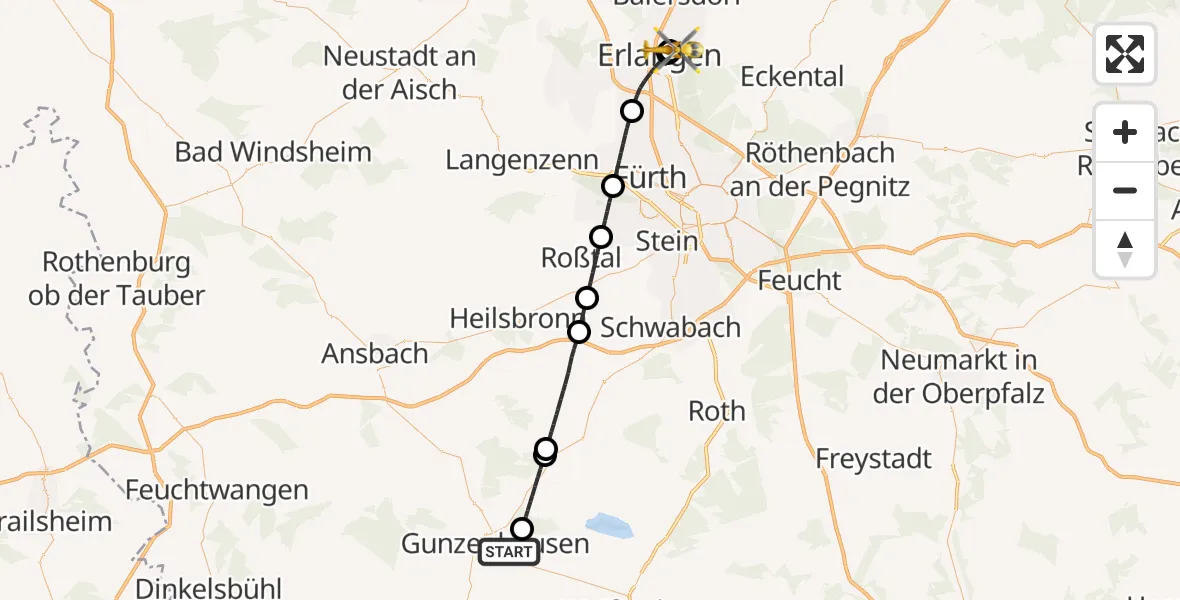 Flugroute Ambulanzhubschrauber Gunzenhausen - Erlangen University Hospital Ebrardstraße, 27 Oktober 2026, 11:52