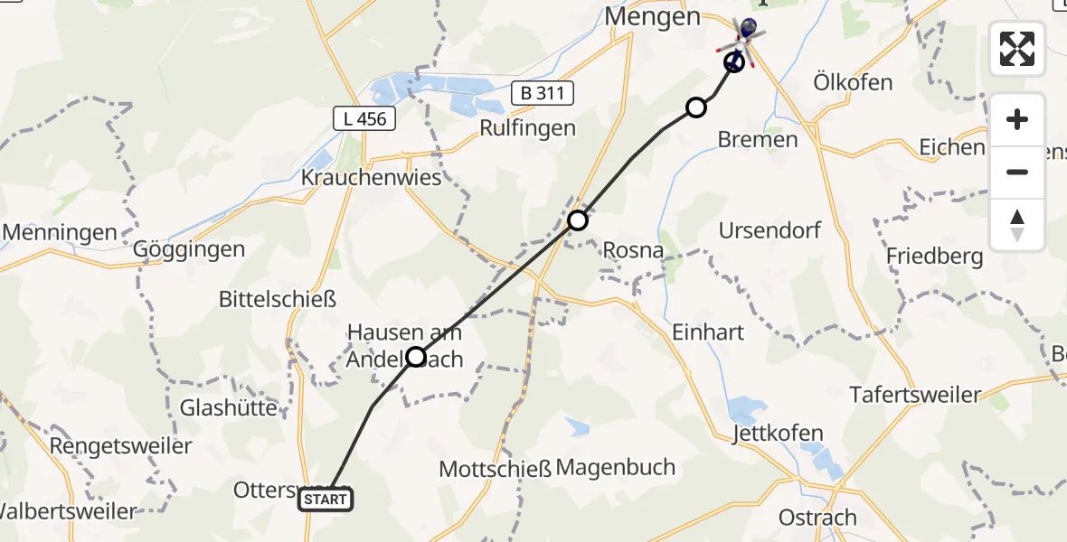 Flugroute Polizeihubschrauber Pfullendorf - Mengen, 27 Oktober 2026, 12:02