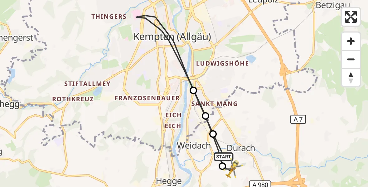 Flugroute Rettungshubschrauber Kempten-Durach Flugplatz - Kempten-Durach Flugplatz, 27 Oktober 2026, 12:05