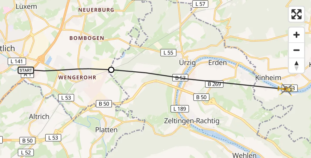 Flugroute Rettungshubschrauber Wittlich - Kinheim, 27 Oktober 2026, 12:07