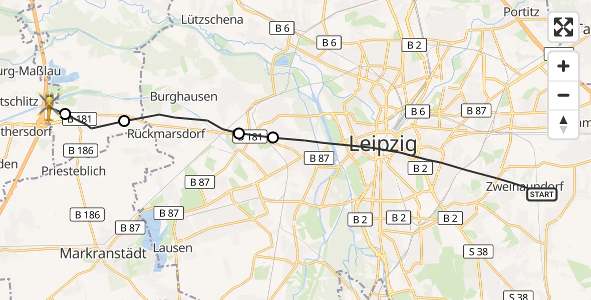 Flugroute Rettungshubschrauber Leipzig - ADAC Air Rescue Station Leipzig/Schkeuditz-Dölzig Hubschrauberlandeplatz (Christoph 61), 27 Oktober 2026, 12:09