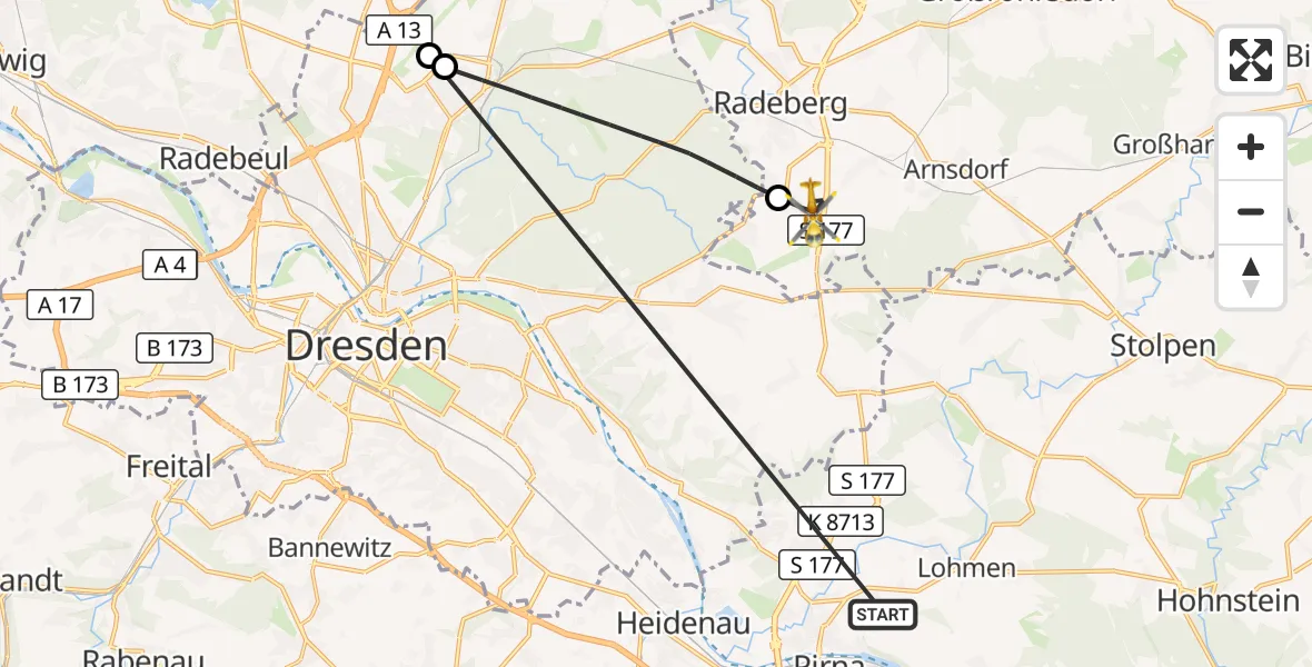 Flugroute Rettungshubschrauber Pirna - Radeberg, 27 Oktober 2026, 12:21