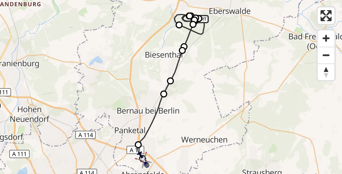 Flugroute Polizeihubschrauber Eberswalde - Ahrensfelde Hubschrauberlandeplatz, 27 Oktober 2026, 12:23