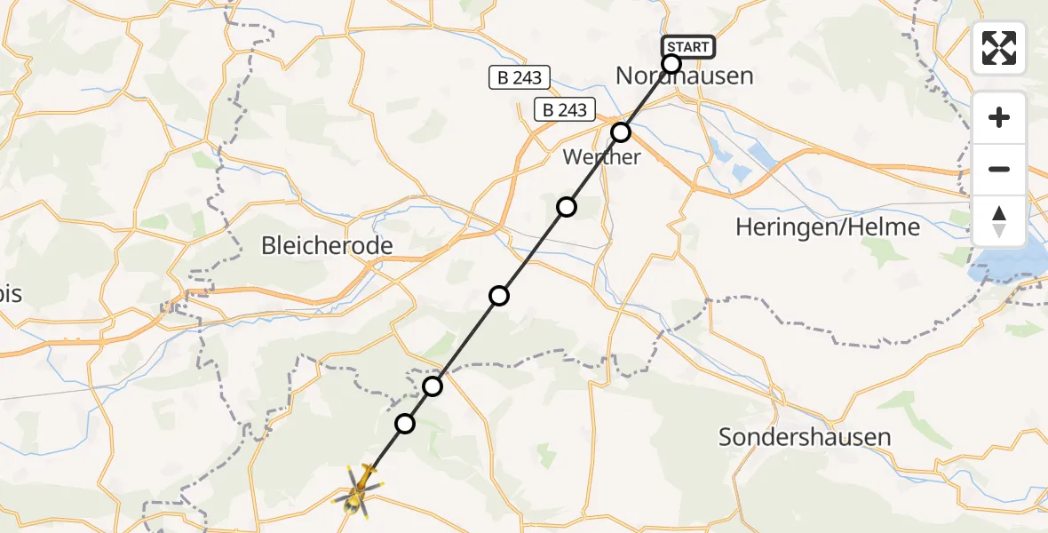 Flugroute Rettungshubschrauber Südharz Hospital Nordhausen - Helbedündorf, 27 Oktober 2026, 12:23