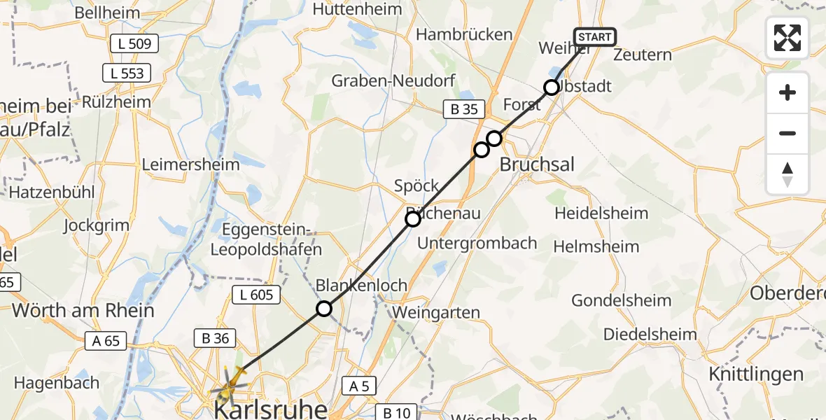 Flugroute Ambulanzhubschrauber Ubstadt-Weiher - Karlsruhe, 27 Oktober 2026, 12:24