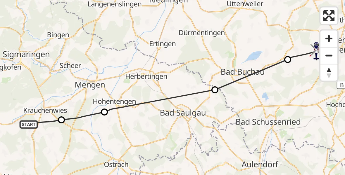 Flugroute Polizeihubschrauber Krauchenwies - Mittelbiberach, 27 Oktober 2026, 12:30