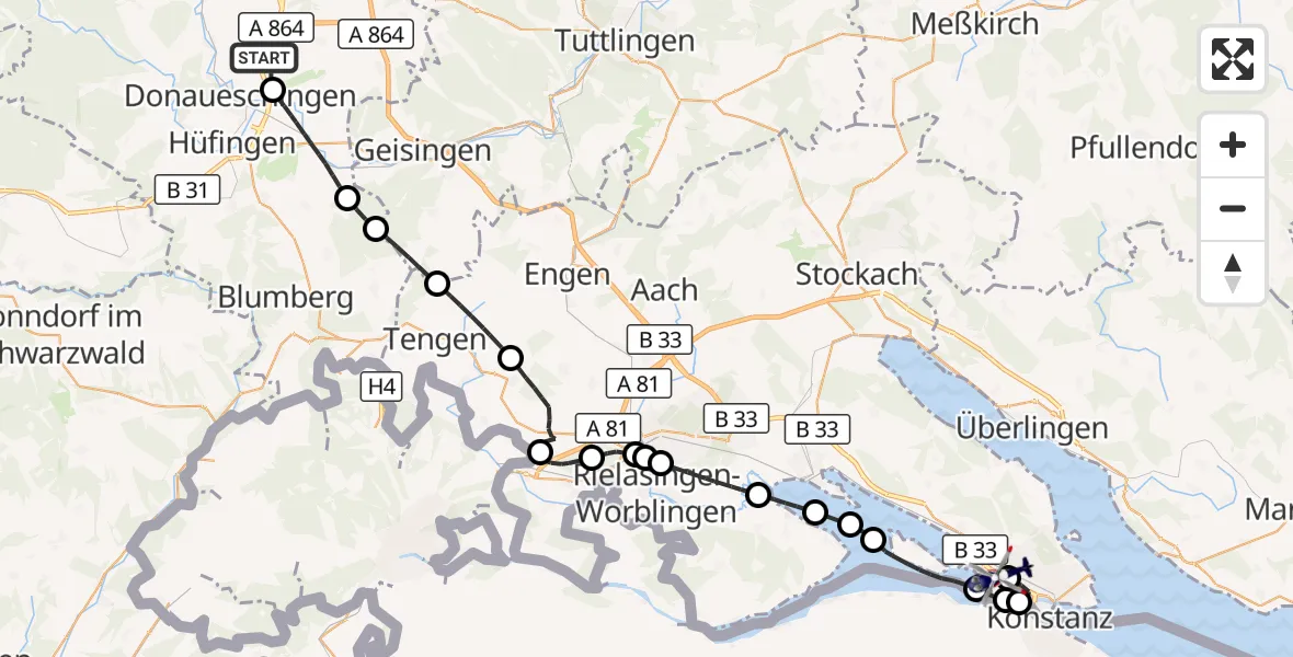 Flugroute Polizeihubschrauber Donaueschingen-Villingen Flugplatz - Konstanz Flugplatz, 27 Oktober 2026, 12:33
