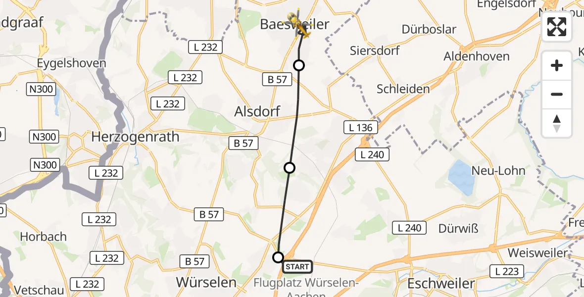Flugroute Rettungshubschrauber Aachen-Merzbrück Flughafen - Baesweiler, 27 Oktober 2026, 12:37