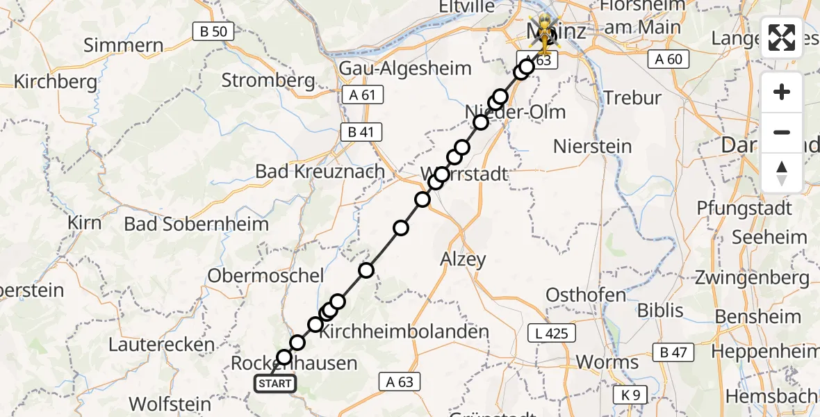 Flugroute Rettungshubschrauber Rockenhausen - Mainz University Hospital, 27 Oktober 2026, 12:50