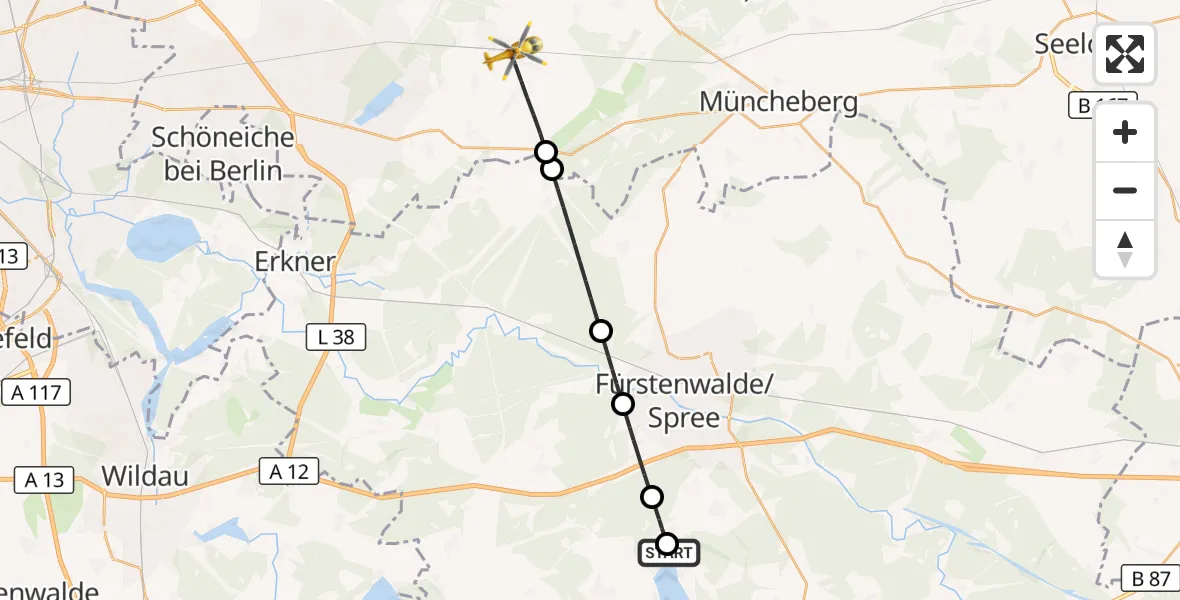 Flugroute Rettungshubschrauber Bad Saarow Hospital - Rehfelde, 27 Oktober 2026, 12:58