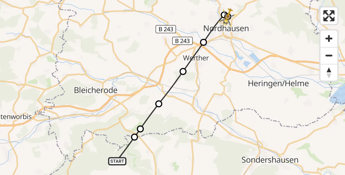 Flugroute Rettungshubschrauber Helbedündorf - Südharz Hospital Nordhausen, 27 Oktober 2026, 12:58
