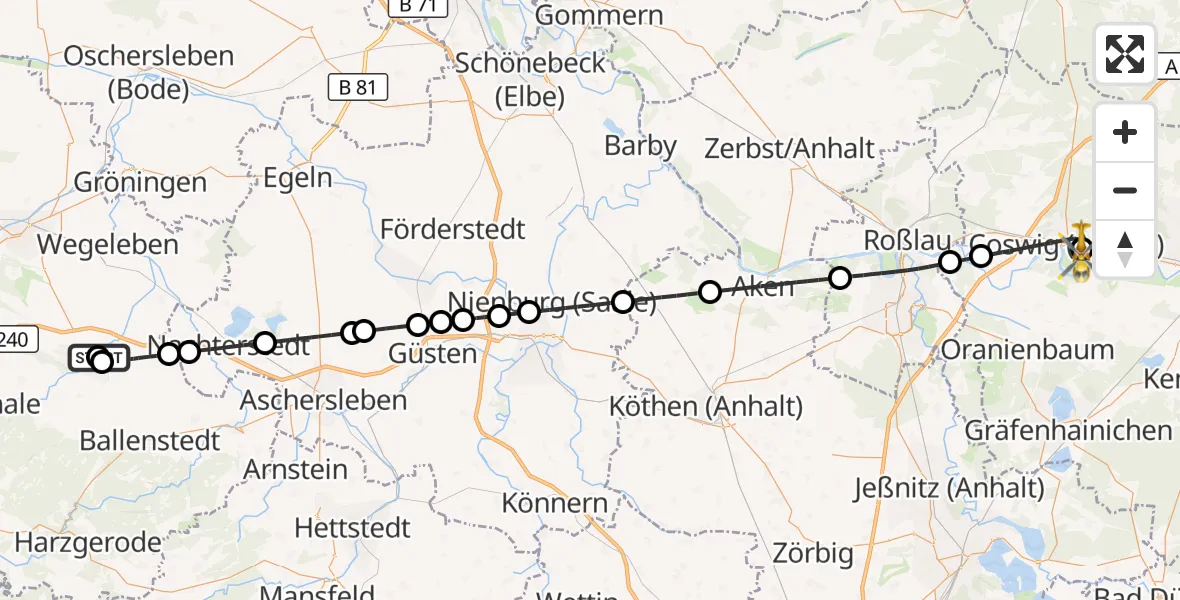 Flugroute Rettungshubschrauber Harz Hospital Quedlinburg - MediClin Heart Center Coswig Hubschrauberlandeplatz, 27 Oktober 2026, 12:59