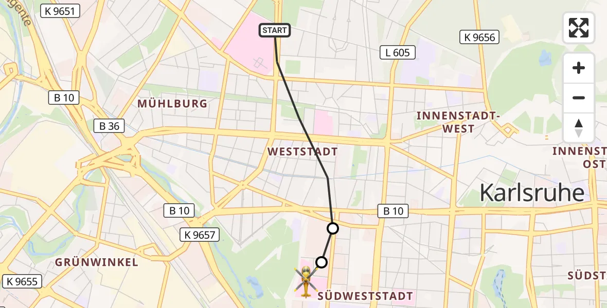 Flugroute Ambulanzhubschrauber Karlsruhe - Sankt Vincentius Hospital, 27 Oktober 2026, 13:02